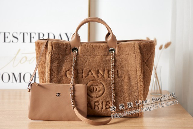 Chanel專櫃新款23k羊毛配皮棕色沙灘包 66941 香奈兒shoping bag購物袋 djc4628